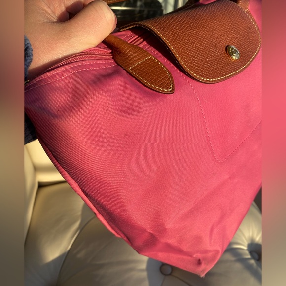 Longchamp Le Pliage Original Medium Tote Hot Pink Magenta Nylon Brown Leather - Picture 3 of 16